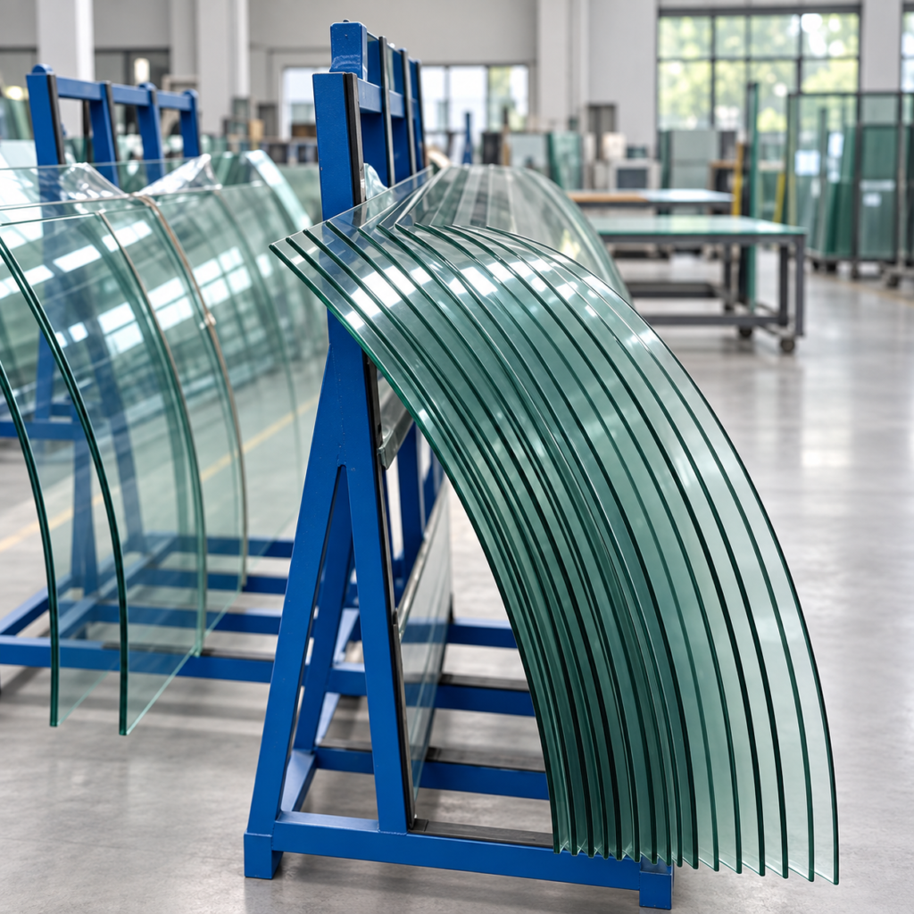 Hot-bent glass panels showing the curved profile