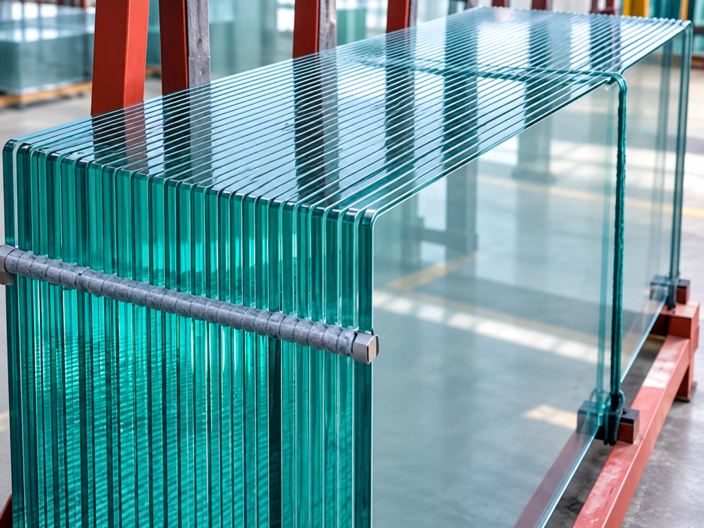 Toughened Glass Batch of clear toughened glass panes stored on a padded rack