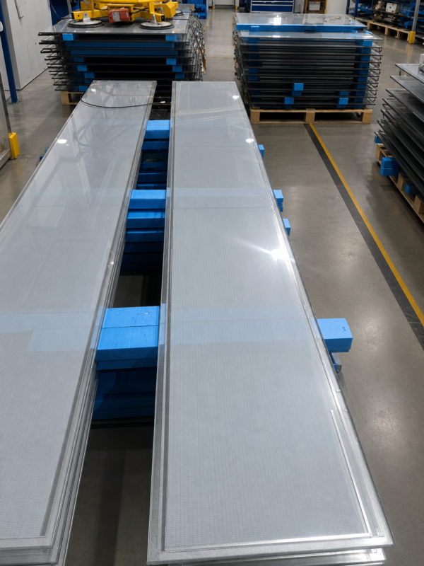CdTe semi-transparent solar BIPV glass — see-through demonstration Large-format CdTe semi-transparent BIPV glass panels in production, ready for shipment