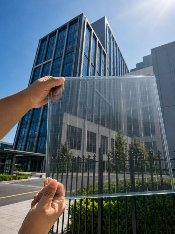 CdTe semi-transparent solar BIPV glass — see-through demonstration CdTe semi-transparent BIPV glass panel held against modern office building, sky visible through the glass