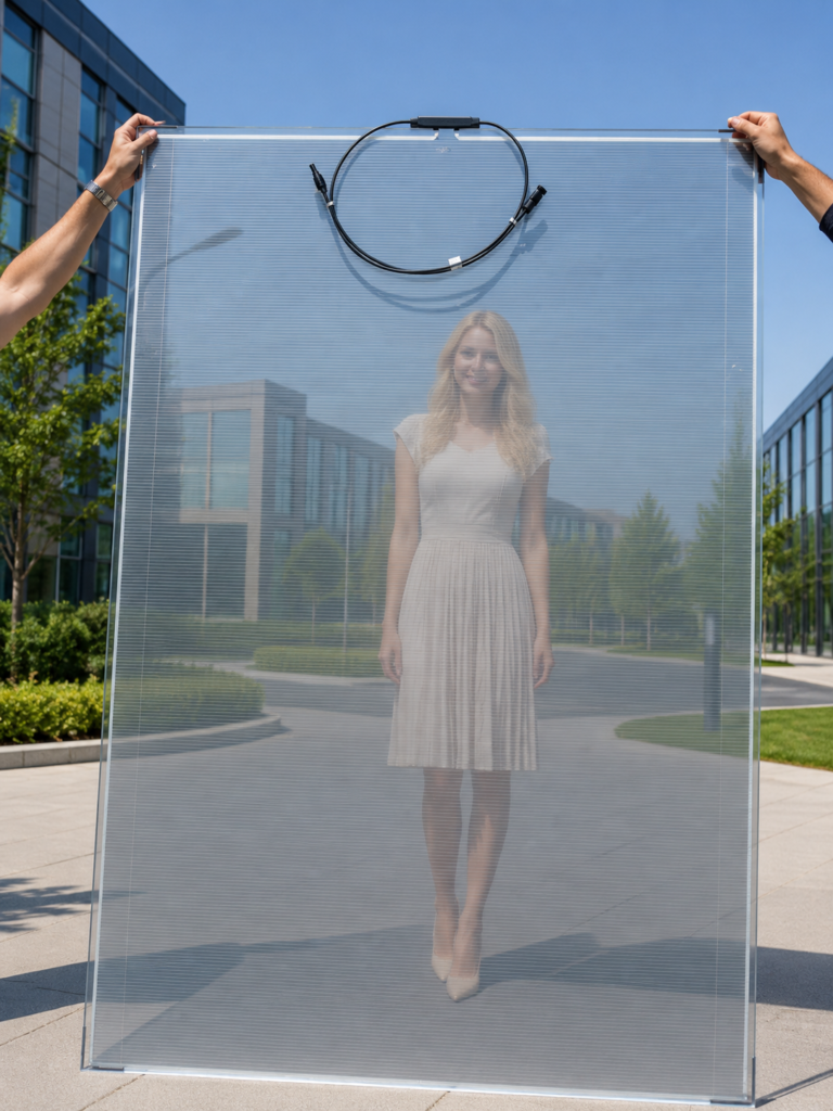 Semi-transparent CdTe BIPV glass panel — view through showing person and building behind the glass, demonstrating transparency