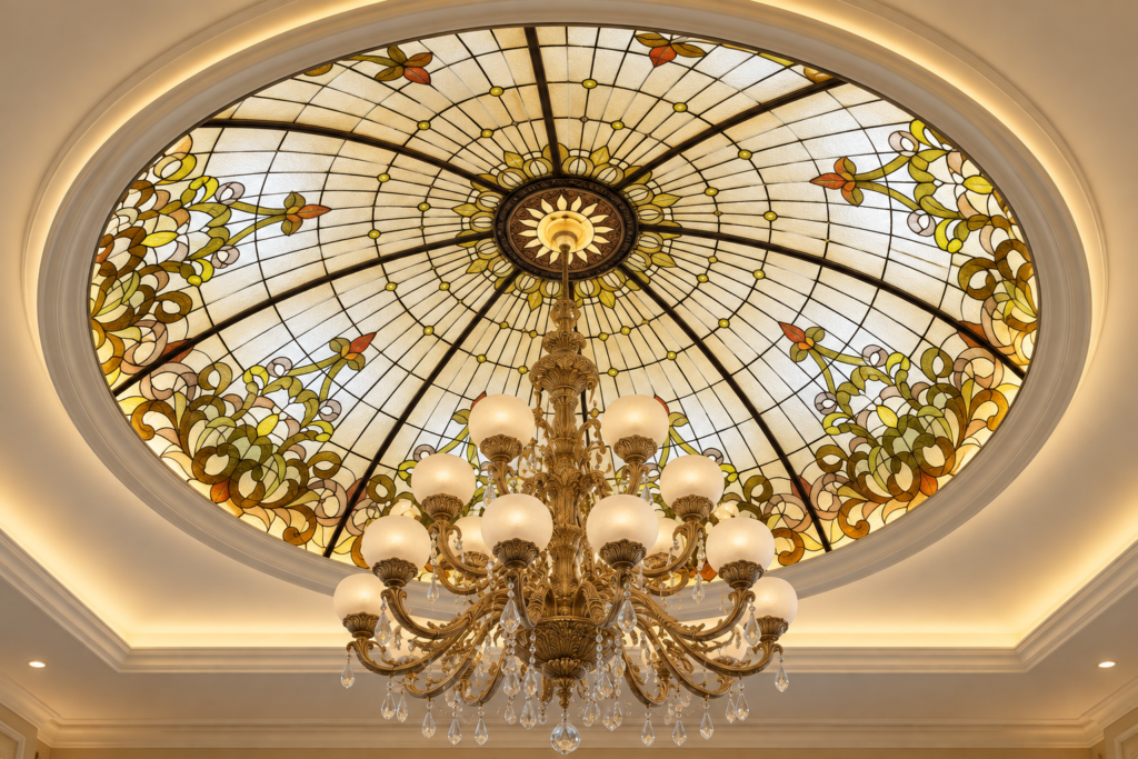 Illuminated decorative glass dome with chandelier