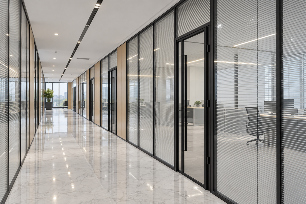 Prefabricated Aluminium Glass Office Partition Systems Office corridor with aluminium-framed glass partitions and integral blinds