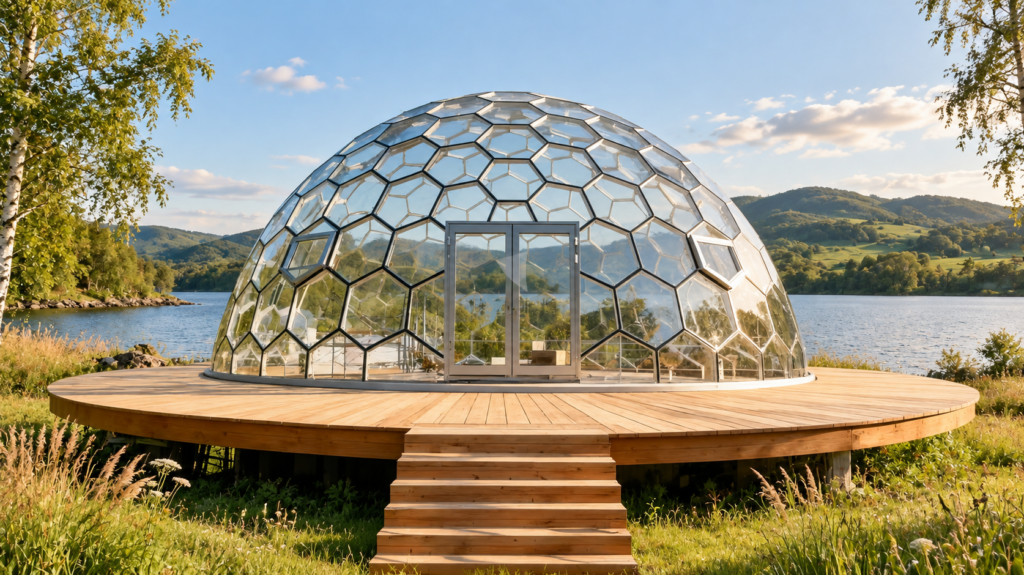 Outdoor holiday glass dome beside a lake