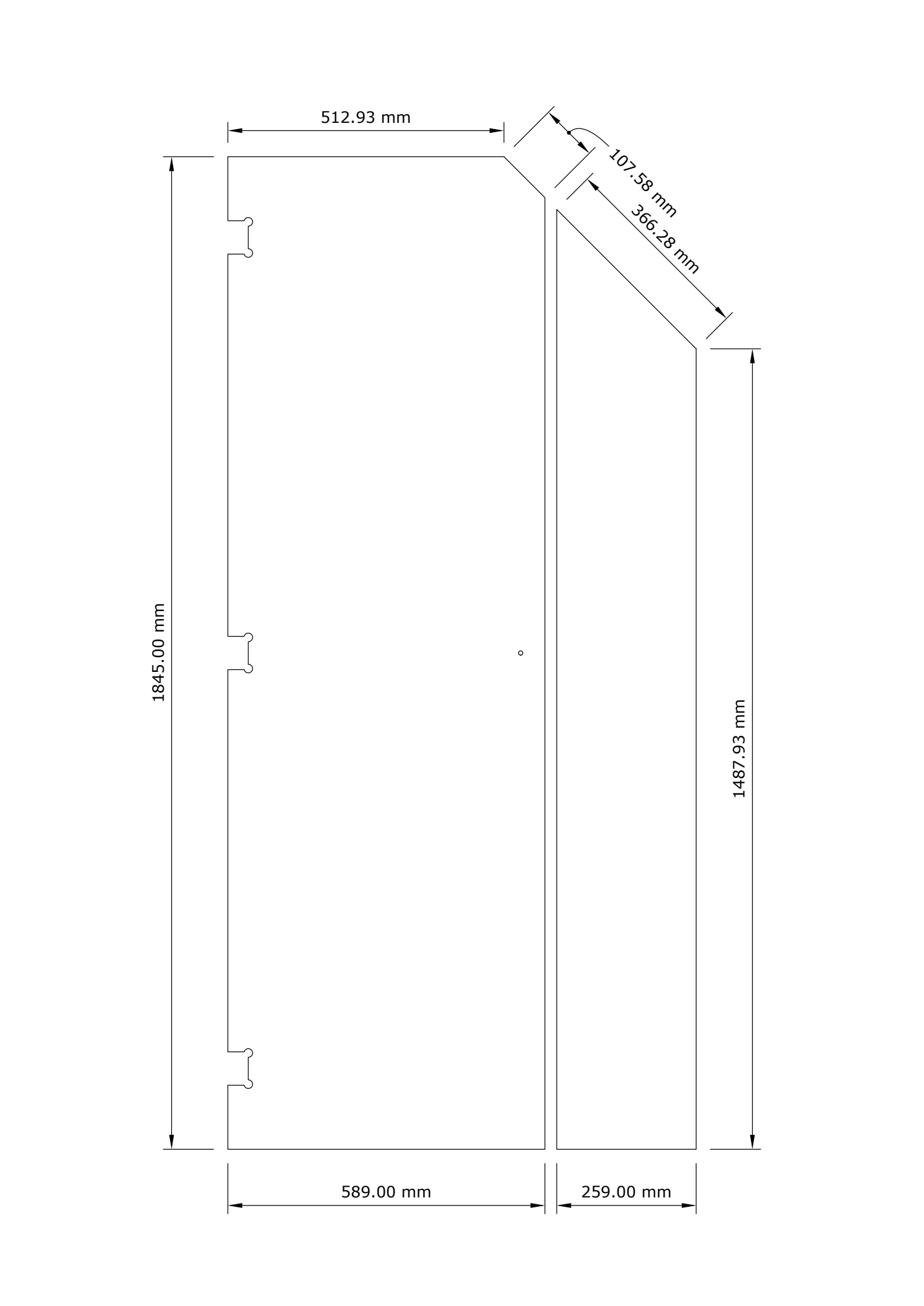 Bespoke Toughened Glass Shower Door for a Sloping Ceiling Example project drawing showing the dimensions, sloping top and hinge cut-outs of a bespoke shower door and side panel