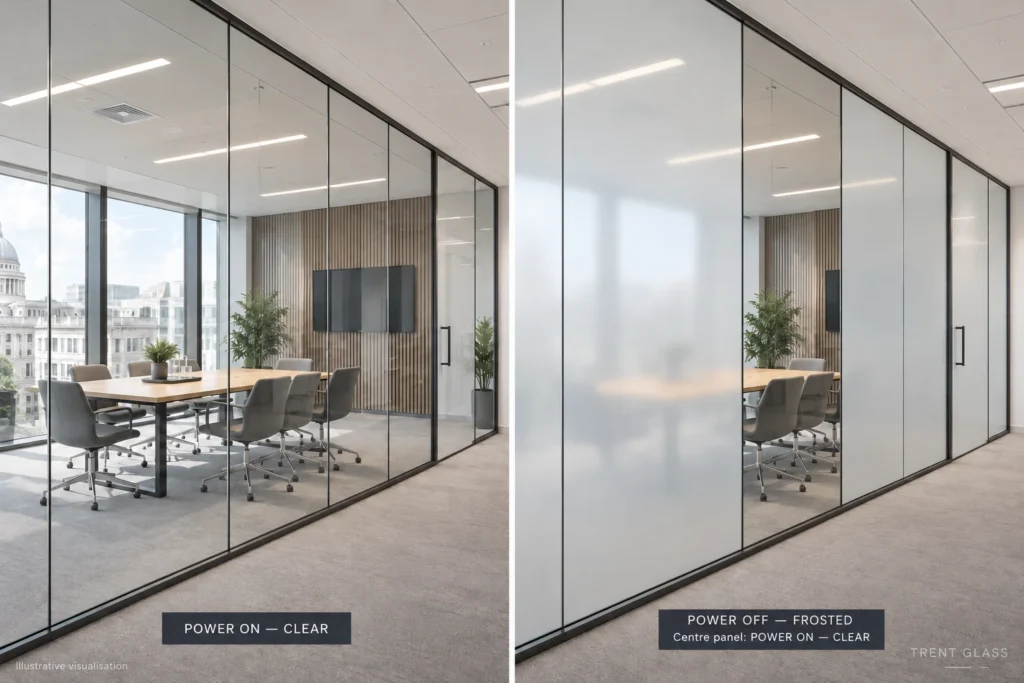 Illustrative visualisation: the centre panel remains powered on while neighbouring panels are frosted. Independent control requires suitable wiring and controls.