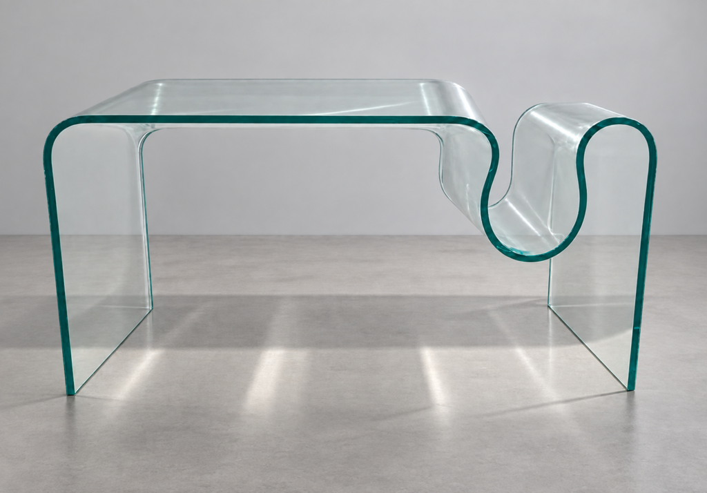 Three-dimensional hot-bent glass with an open front and surfaces extending backwards