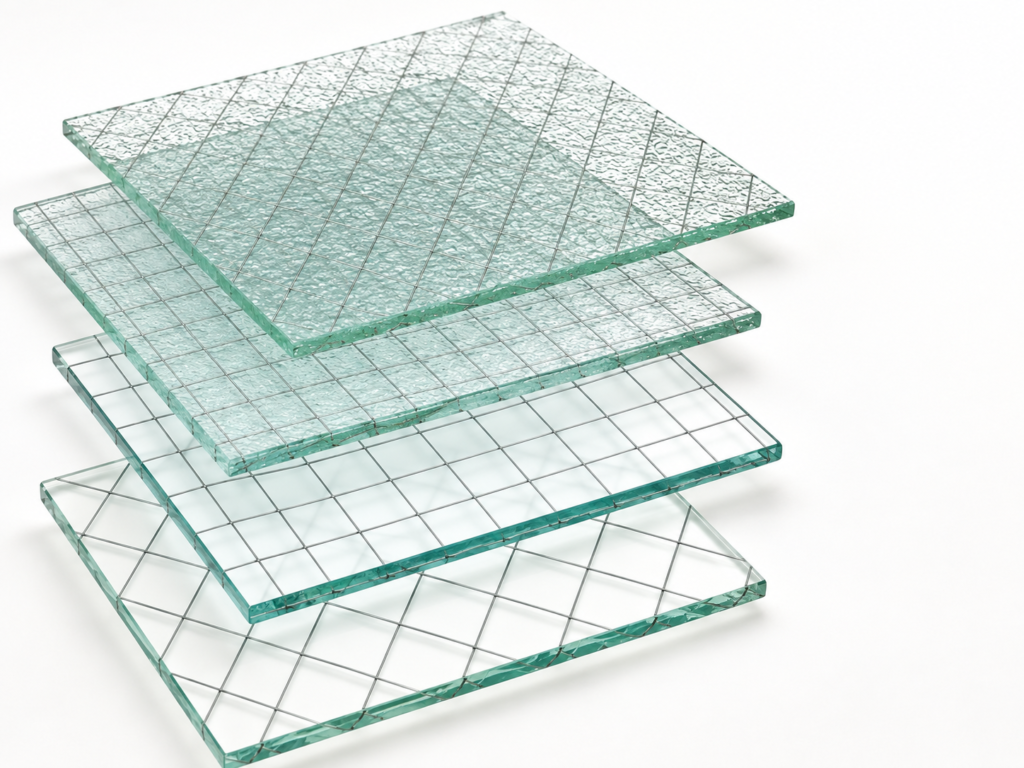 Clear and textured wired glass samples with square and diamond mesh