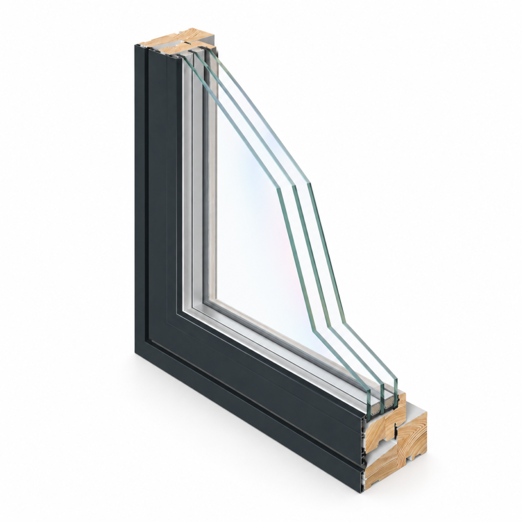 Triple Toughened Low-E Glazing Triple toughened Low-E glazing cutaway showing three glass panes and two cavities