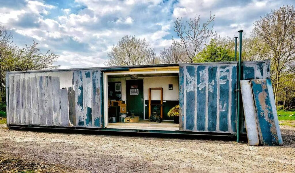 The container during conversion, with the new opening prepared
