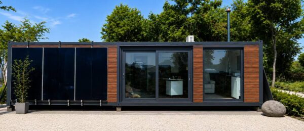 toughened vacuum glass — 10.4 mm The converted container site office with full-height vacuum glazing