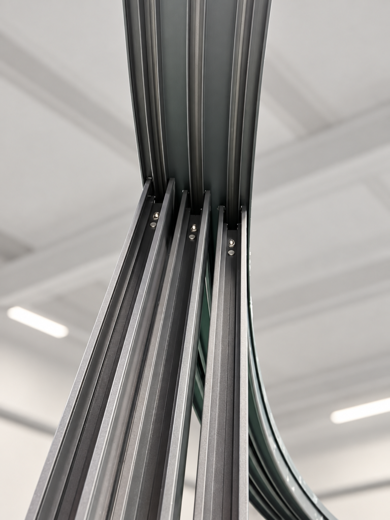 Bespoke Curved Sliding Doors Upward view of curved sliding door tracks and aluminium frame