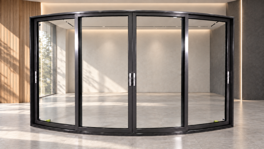 Four-panel curved sliding glass door with dark aluminium frames in a modern showroom