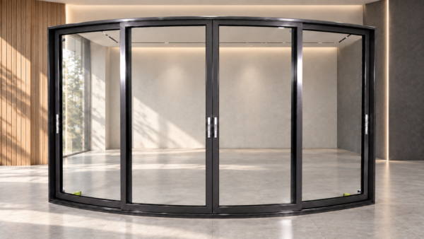 bespoke curved sliding doors Four-panel curved sliding glass door with dark aluminium frames in a modern showroom