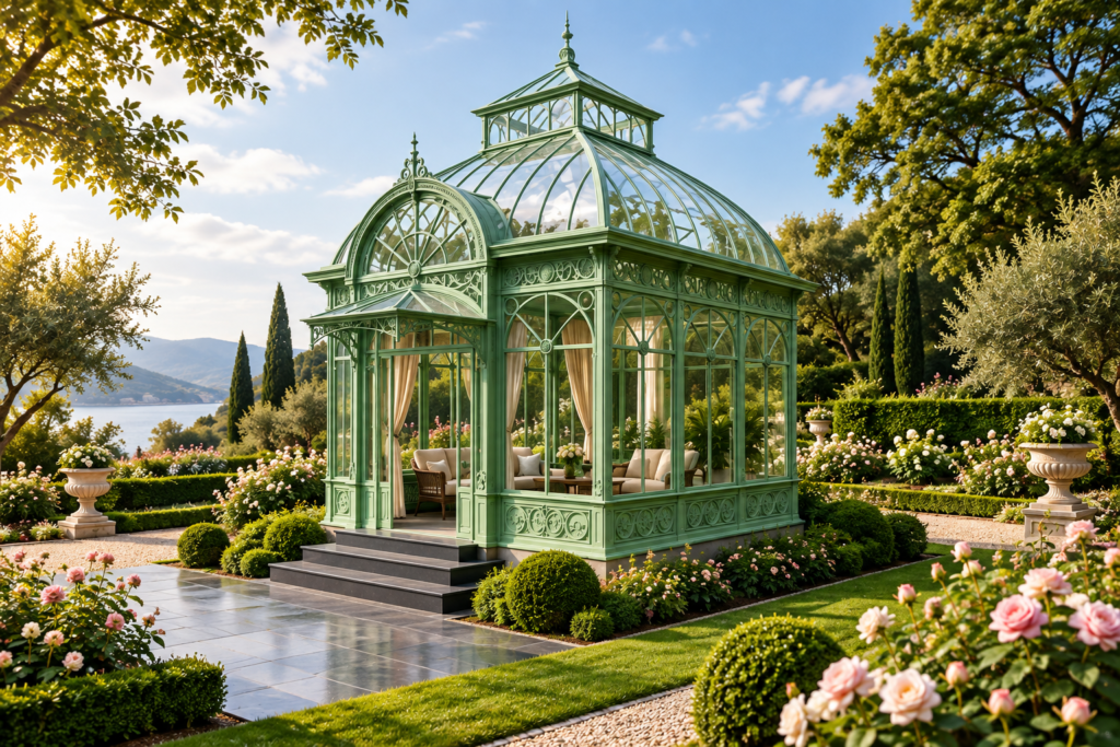 Green glazed garden pavilion - design illustration