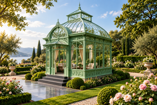 Green glazed garden pavilion - design illustration