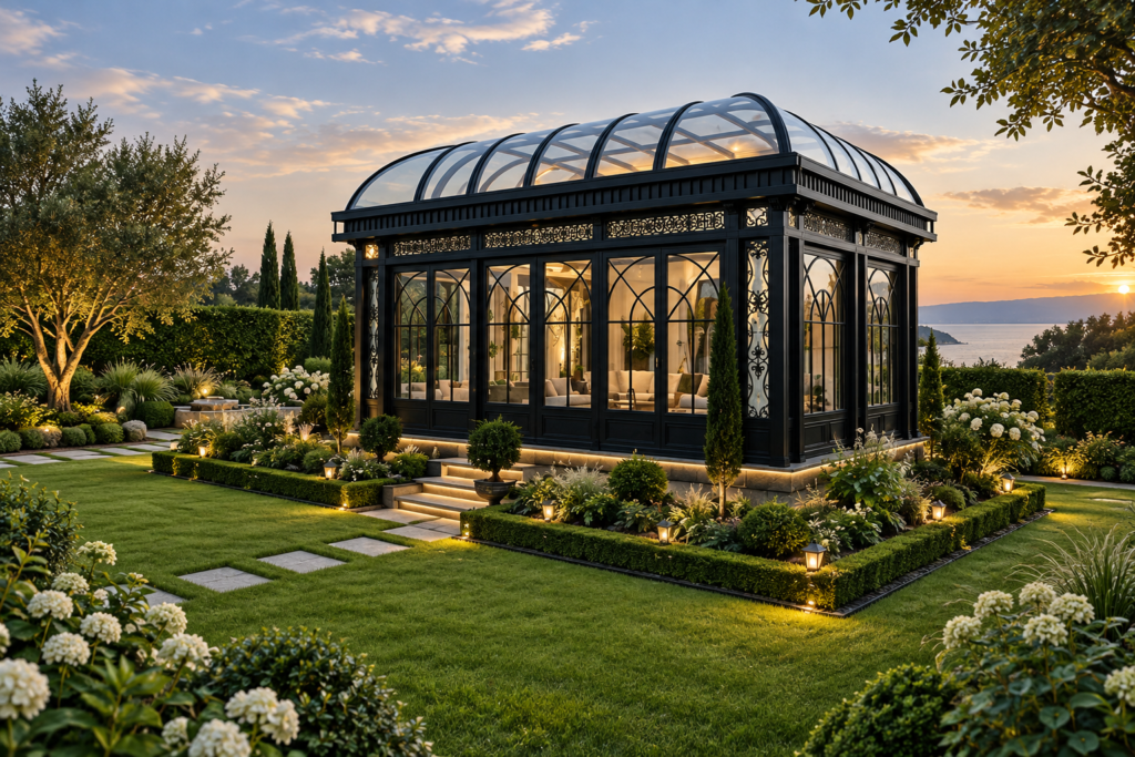Contemporary dark-framed garden room - design illustration