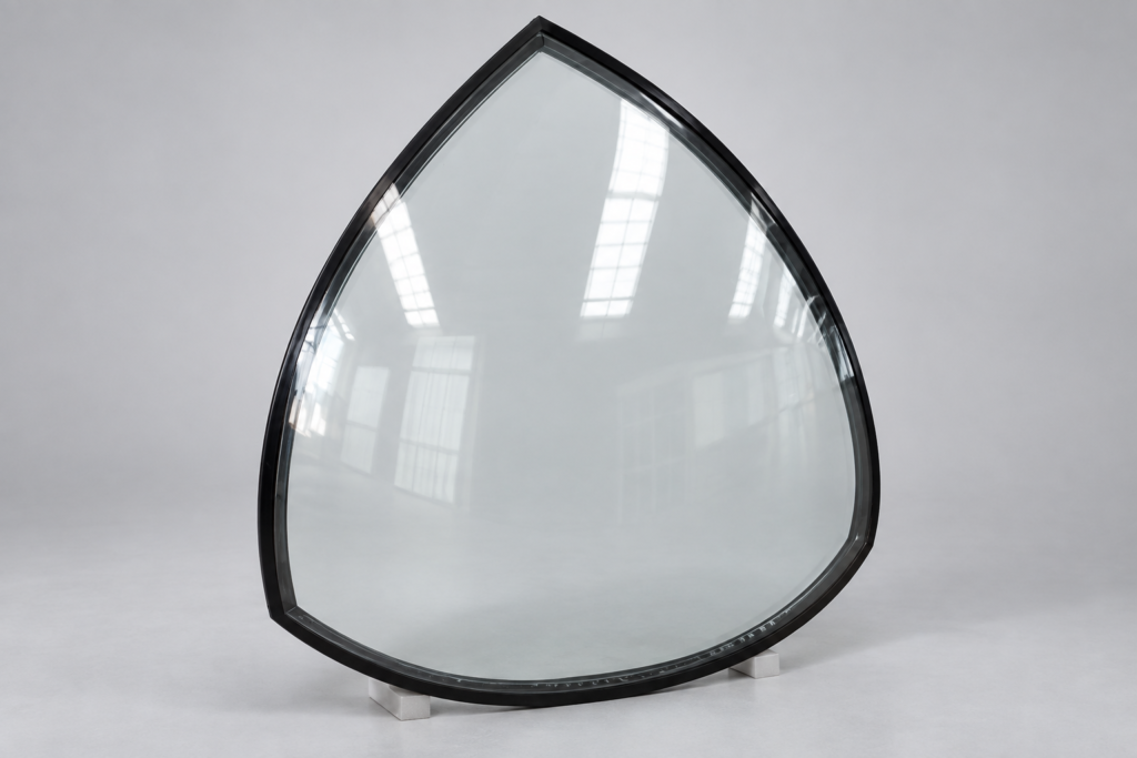 Bespoke petal-shaped laminated glass roof panel for a decorative ironwork pavilion