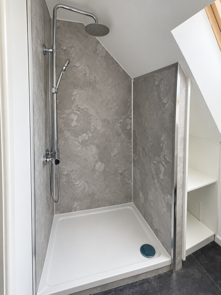 Bespoke Toughened Glass Shower Door for a Sloping Ceiling The shower space showing the restricted height beneath the sloping ceiling