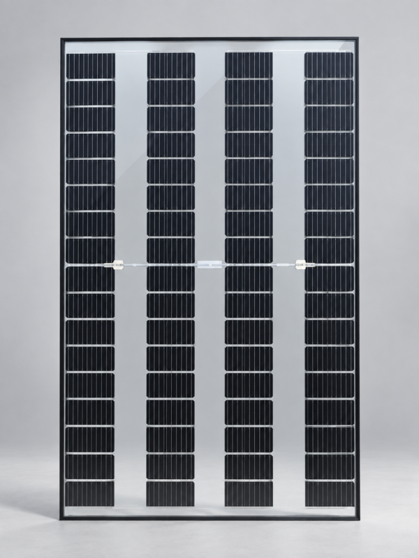 solar glass and steelwork, retouched from original project photograph Upright solar insulating glass panel with transparent spaces between photovoltaic cells
