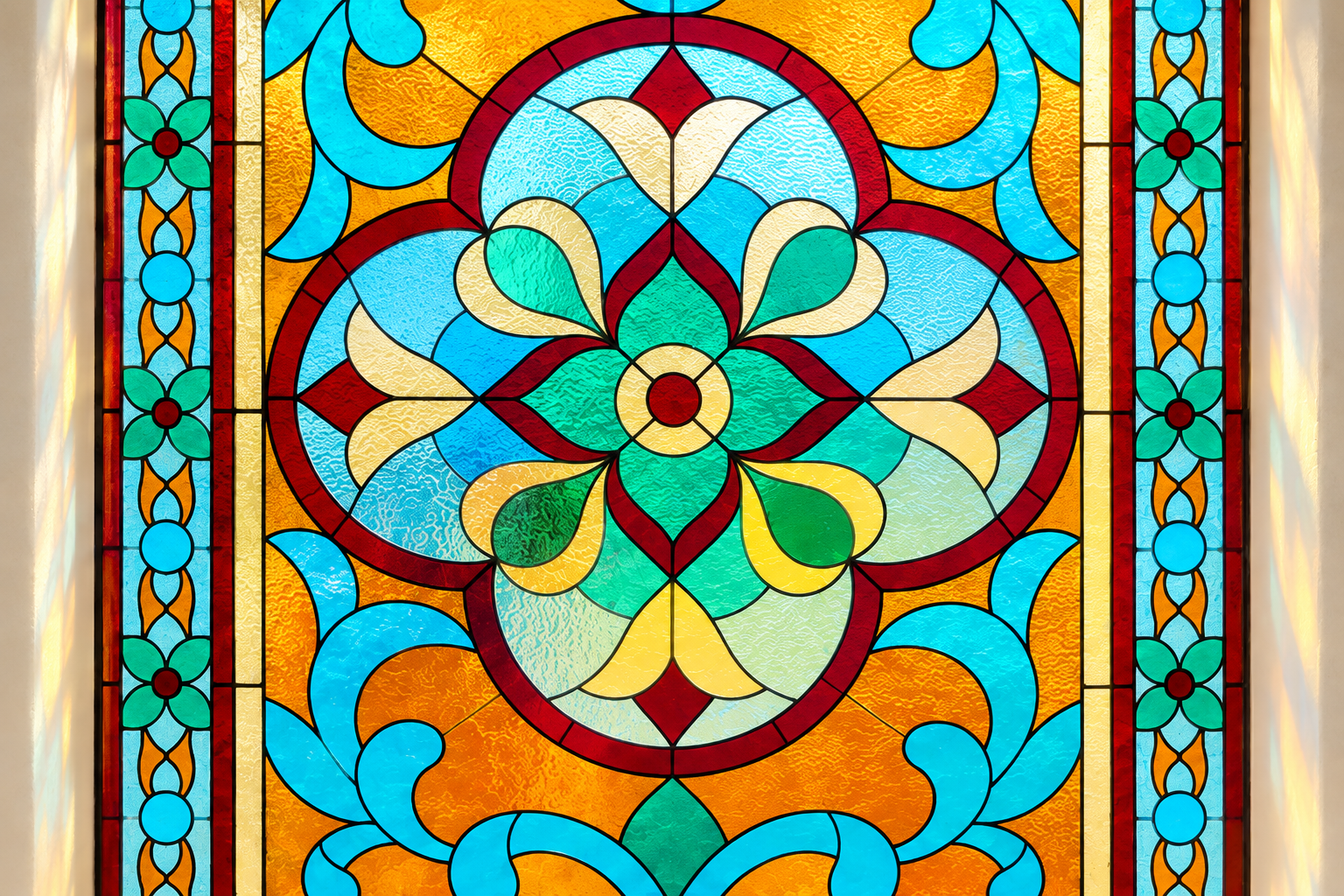Colourful stained and leaded glass floral panel in a clean display recess