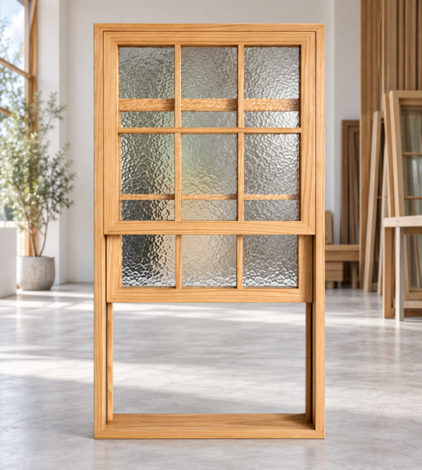 timber window style 1 Natural timber sash window with patterned glass