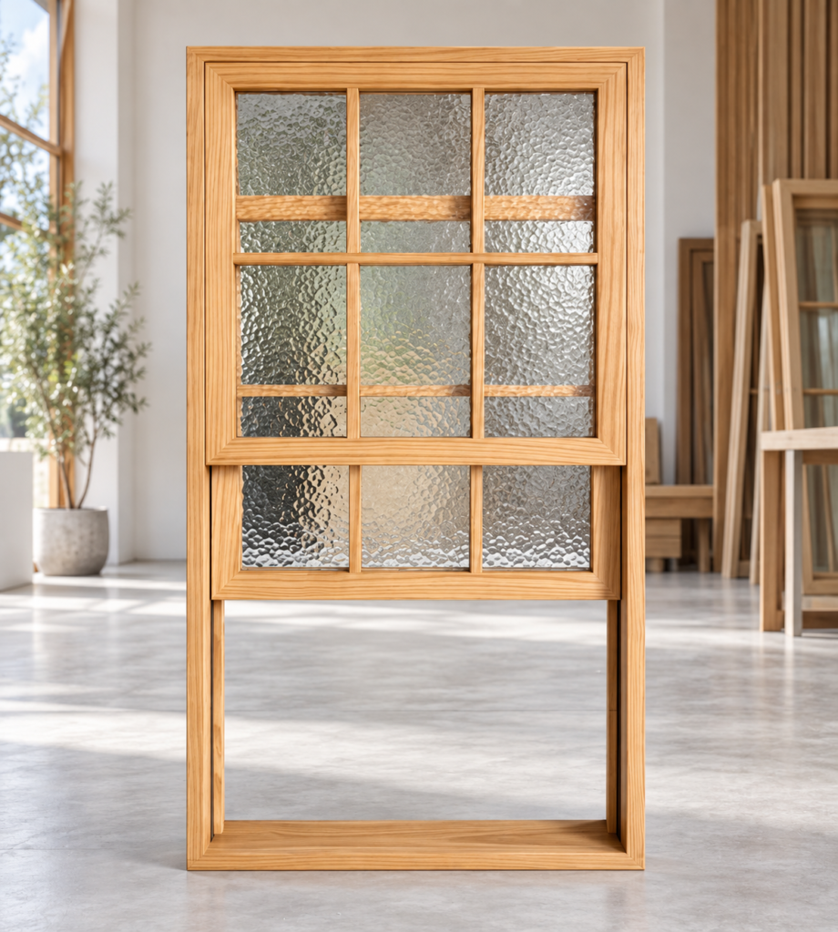 Bespoke Timber Windows for Period Homes Natural timber sash window with patterned glass