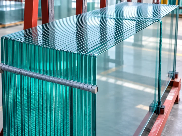 Batch of clear toughened glass panes stored on a padded rack