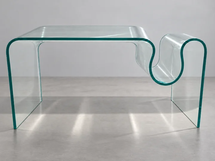 Three-dimensional hot-bent glass with an open front and surfaces extending backwards