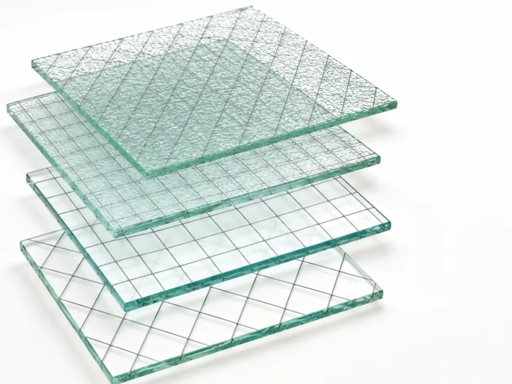 Clear and textured wired glass samples with square and diamond mesh