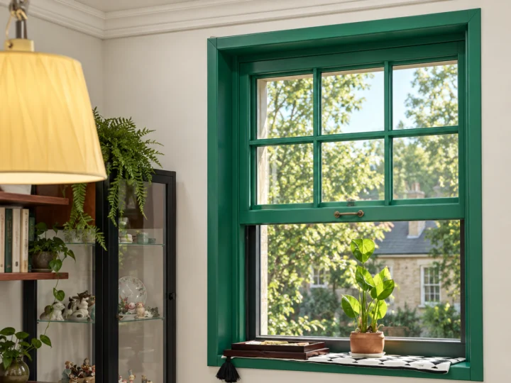 Heritage green timber sash window