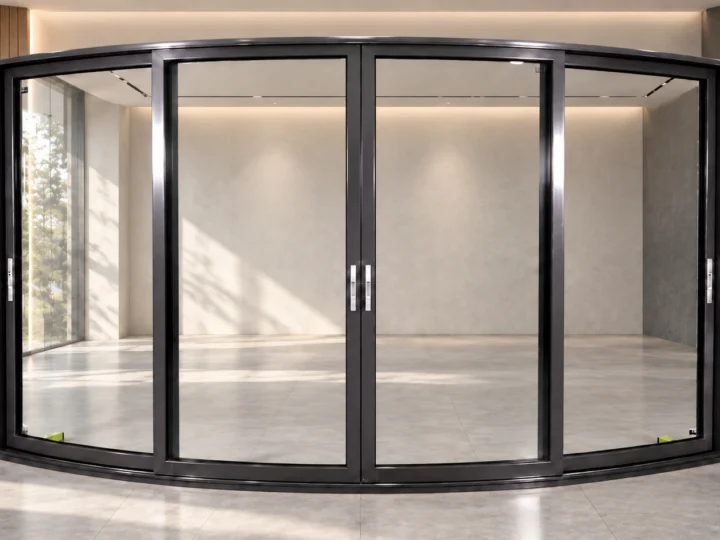 Four-panel curved sliding glass door with dark aluminium frames in a modern showroom