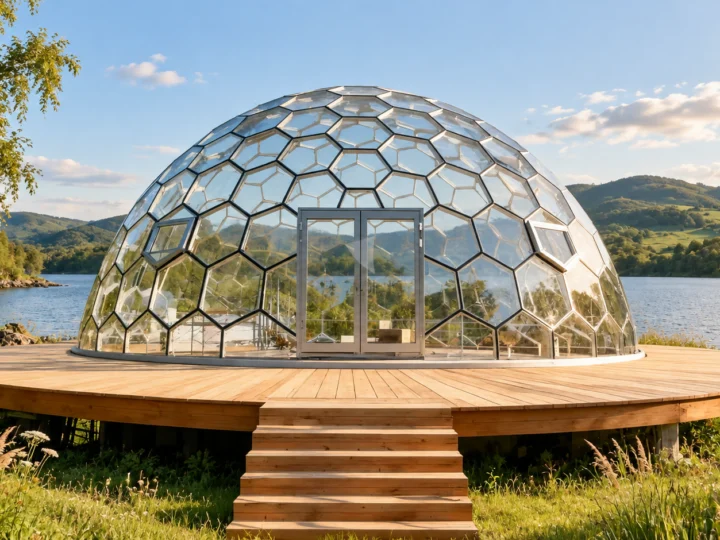 Outdoor holiday glass dome beside a lake